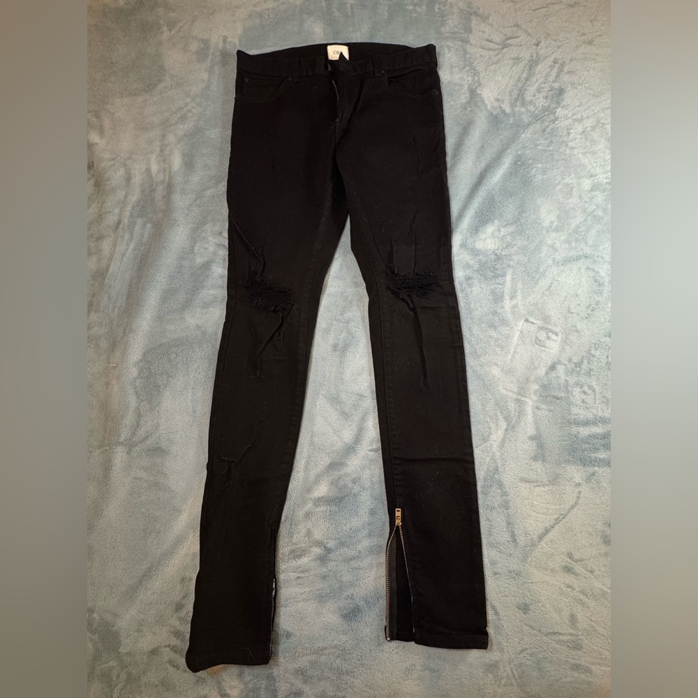 Oro Los Angeles Jeans Mens 32 Black Distressed Skinny Stretch Zipper Ankle USA